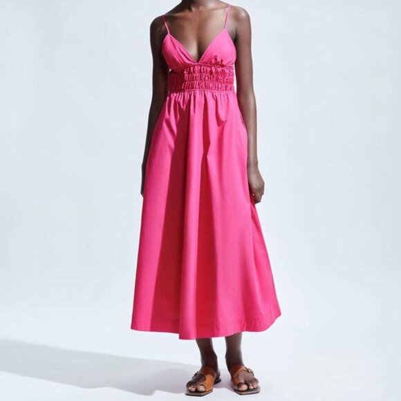 Zara Hot Pink Voluminous Poplin Midi Dress Size Medium 41239 - Picture 3 of 15